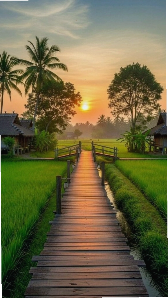 Hình nền điện thoại phong cảnh lối gỗ nhỏ giữa cánh đồng xanh dưới ánh hoàng hôn