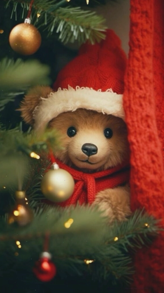 Hình nền gấu bông Noel trên cây thông rực rỡ