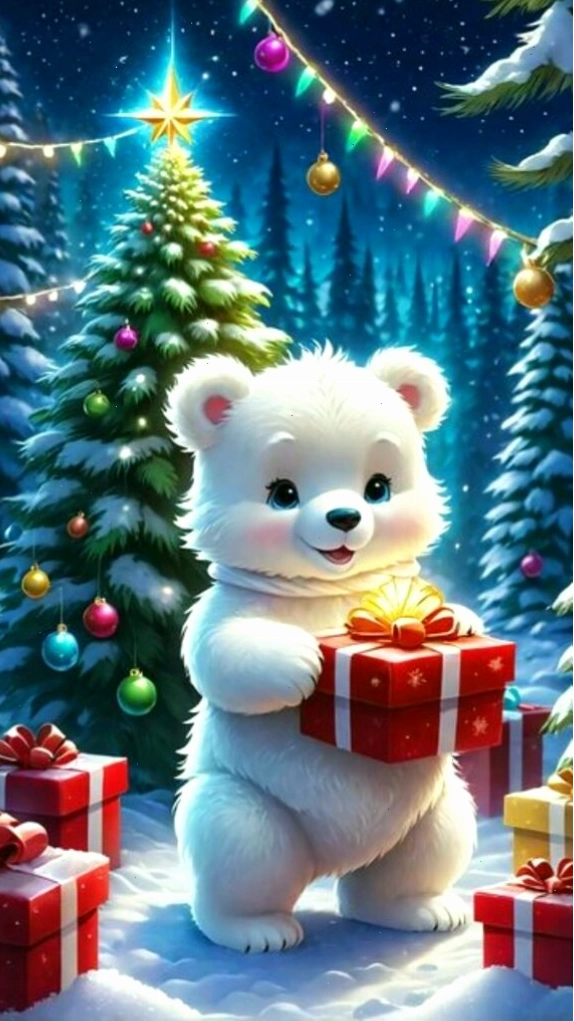 Hình nền gấu trắng cùng hộp quà dưới cây thông Noel