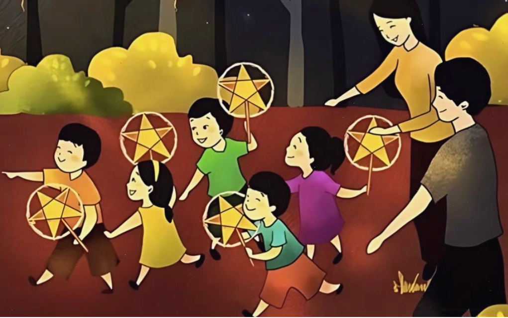 Hình nền gia đình rước đèn đi chơi Trung thu