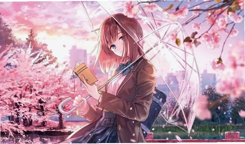 Hình nền hoa anh đào rơi cực sắc nét với nhân vật anime