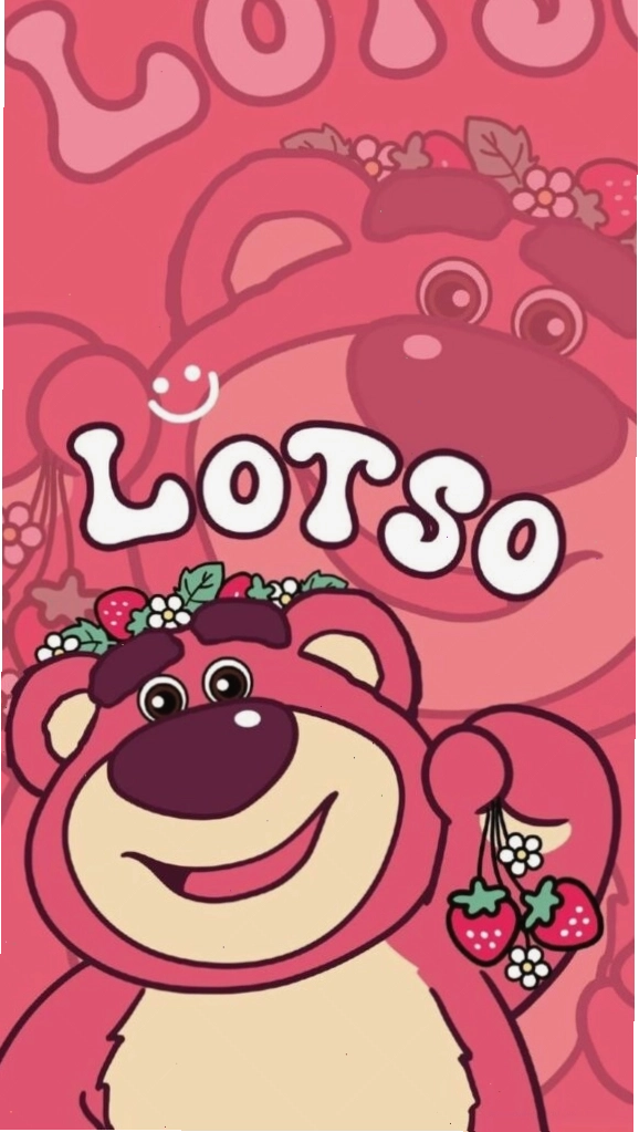 Hình nền Lotso mỉm cười với họa tiết dâu xinh xắn, tạo sự hài hòa