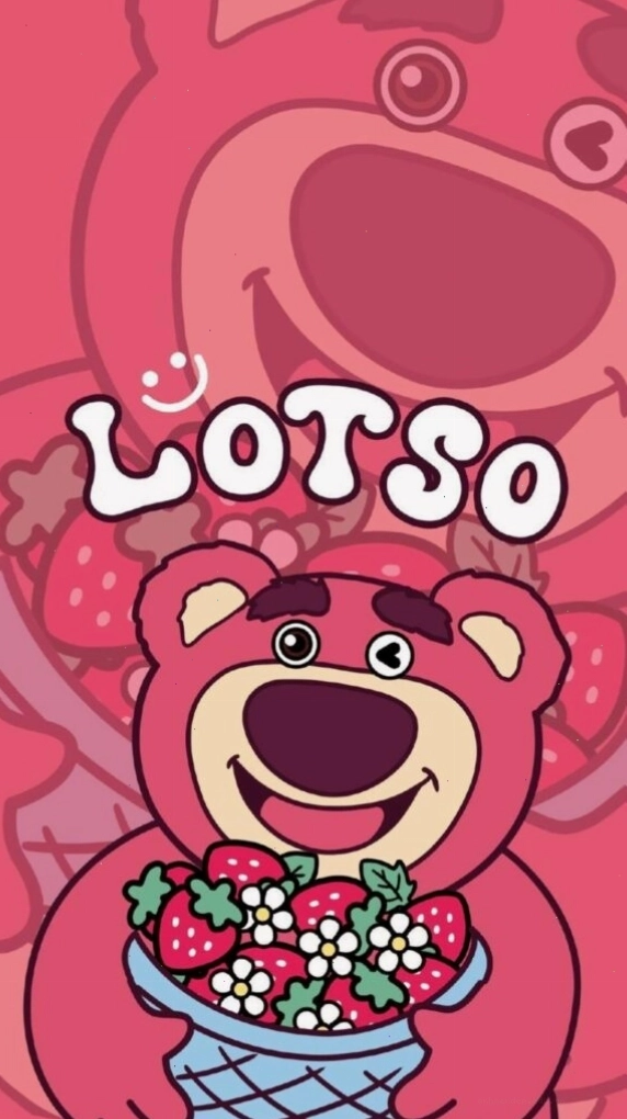 Hình nền Lotso ôm hoa dâu cười tươi, mang đến không khí vui vẻ
