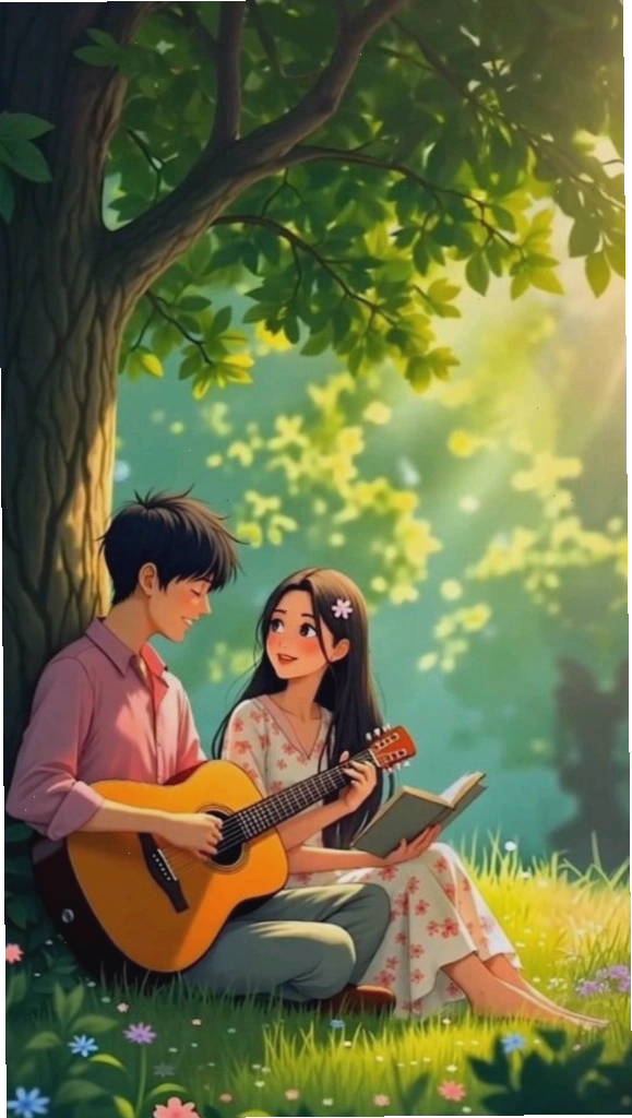 Hình nền máy tính chill với cây xanh và ánh nắng chiếu qua