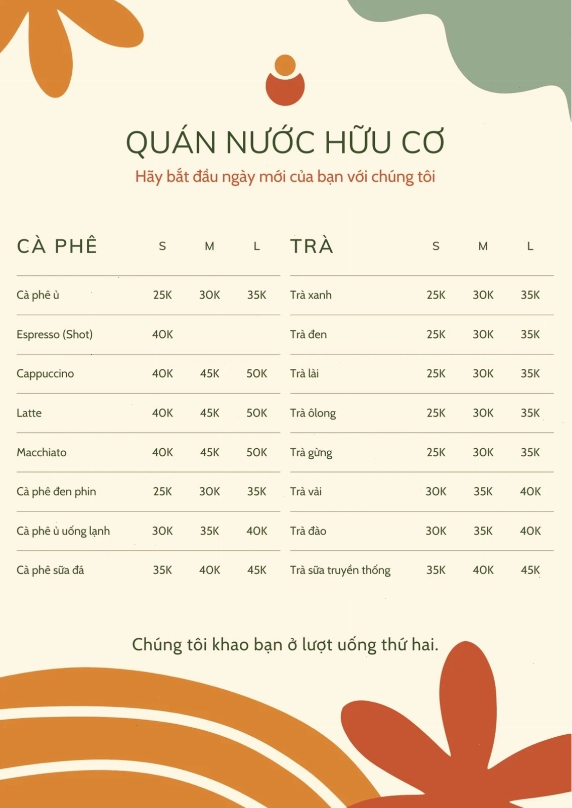 Hình nền menu xanh lá nhạt và cam đậm, vui vẻ hữu cơ cho menu cà phê đồ uống