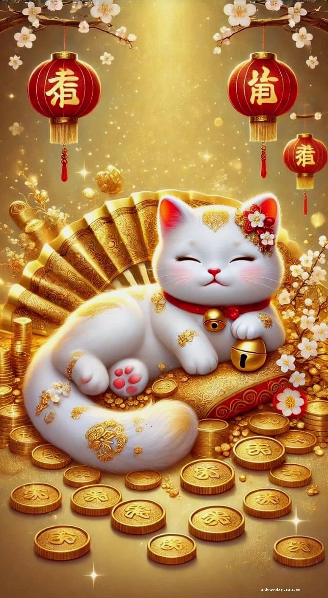 Hình nền mèo thần tài 3D màu vàng ôm thỏi vàng