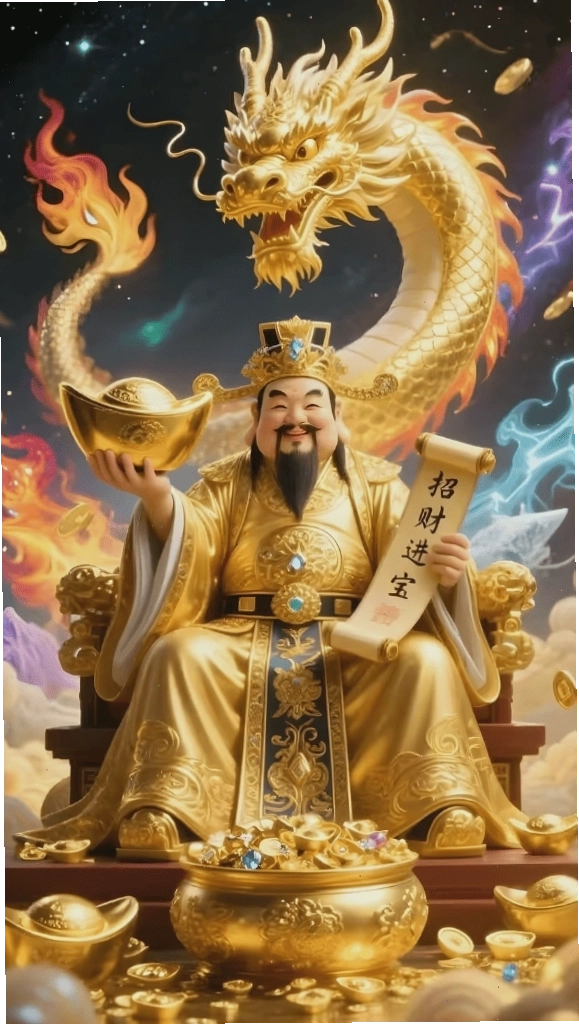 Hình nền Ông Thần Tài cầm thỏi vàng, biểu tượng thu hút tài lộc