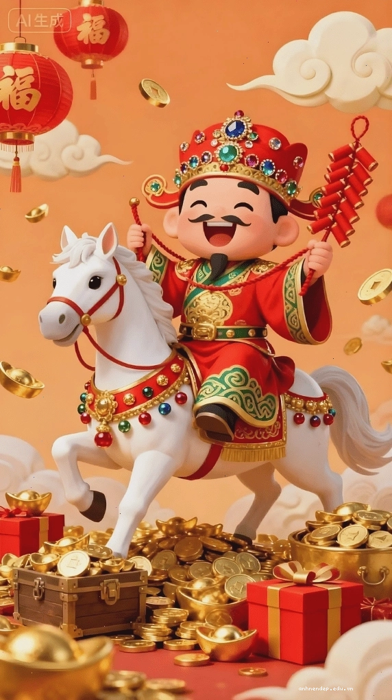 Hình nền Ông Thần Tài cưỡi ngựa, biểu tượng của sự thăng tiến
