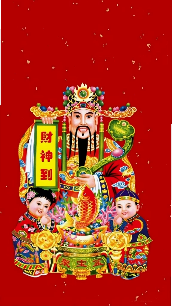 Hình nền Ông Thần Tài dễ thương cùng hai chú tiểu đồng
