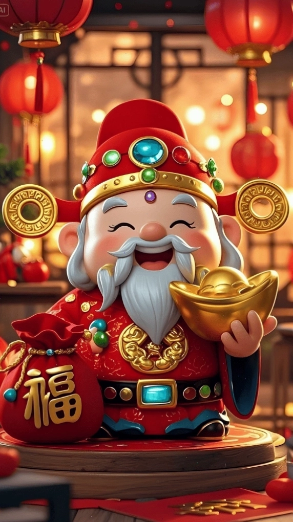 Hình nền Ông Thần Tài Full HD rạng rỡ bên túi tiền