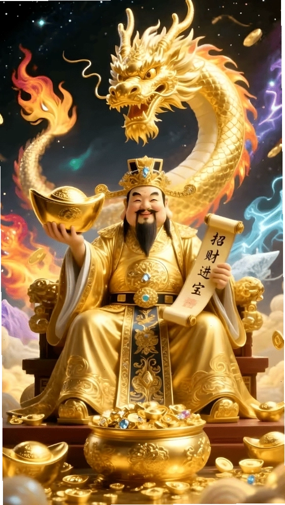 Hình nền Ông Thần Tài ngồi trên núi tiền thu hút vượng khí