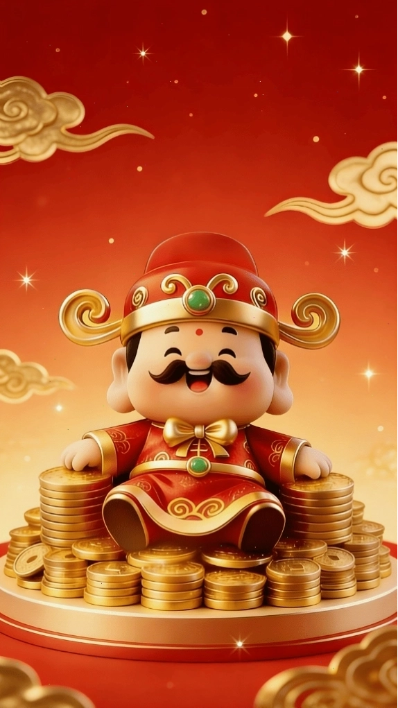 Hình nền Ông Thần Tài ngồi trên núi tiền vàng