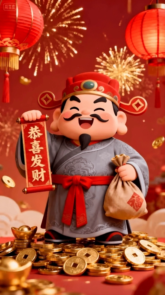 Hình nền Ông Thần Tài tay cầm gậy như ý, biểu tượng may mắn