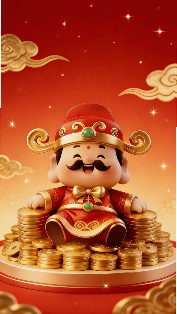 Hình nền Ông Thần Tài với biểu cảm hân hoan bên cạnh túi tiền