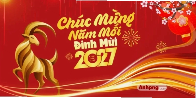 Hình nền Tết 2027 nền đỏ với Dê Vàng, pháo hoa và chữ chúc mừng năm mới Đinh Mùi