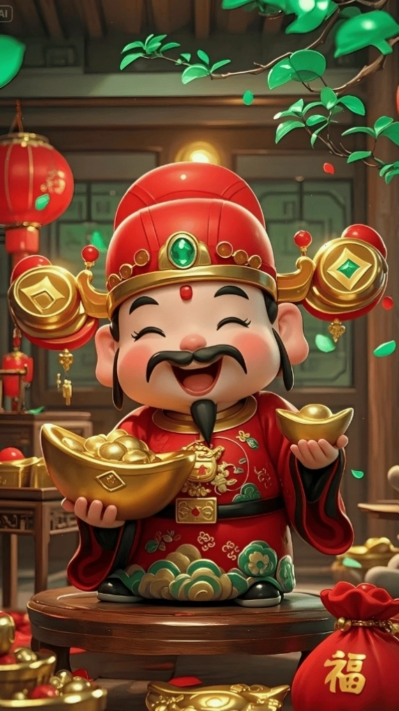 Hình nền Thần Tài cầm thỏi vàng và thỏi bạc
