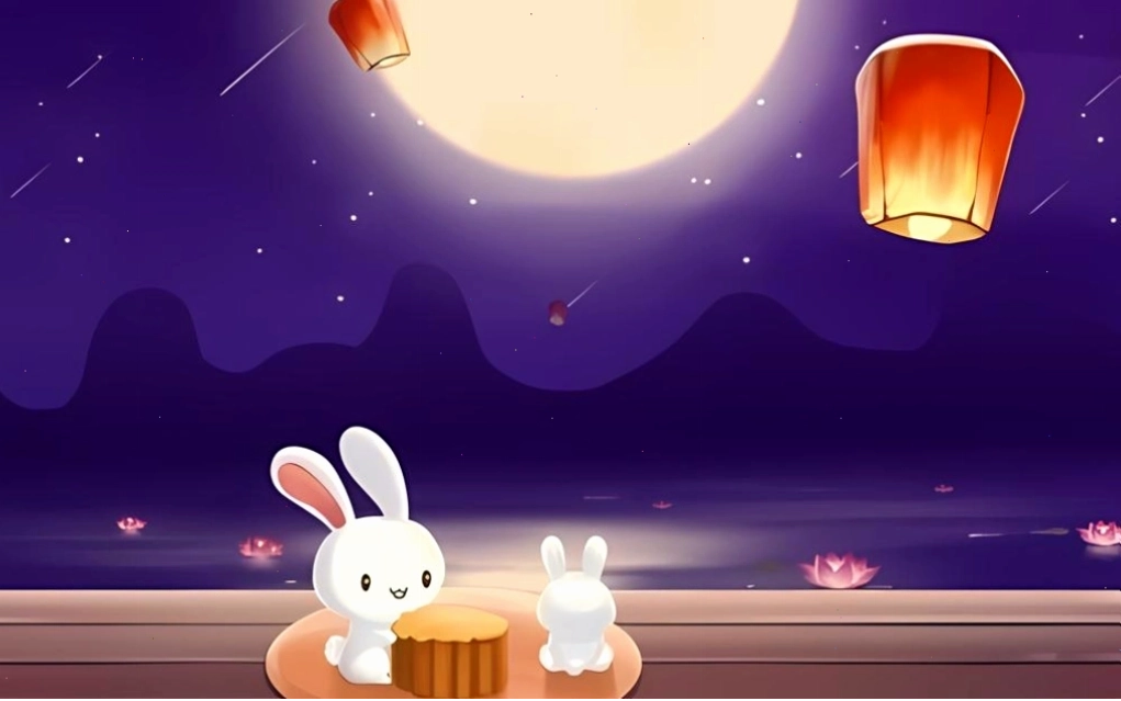 Hình nền Thỏ ngọc ăn bánh Trung thu dưới ánh trăng