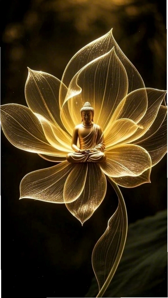 Hoa sen rạng ngời ánh sáng vàng trên nền đen