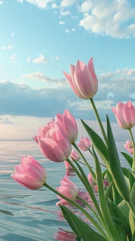 Hoa tulip dịu dàng bên nền trời nước xanh trong, với những cánh hoa mỏng manh phản chiếu ánh sáng