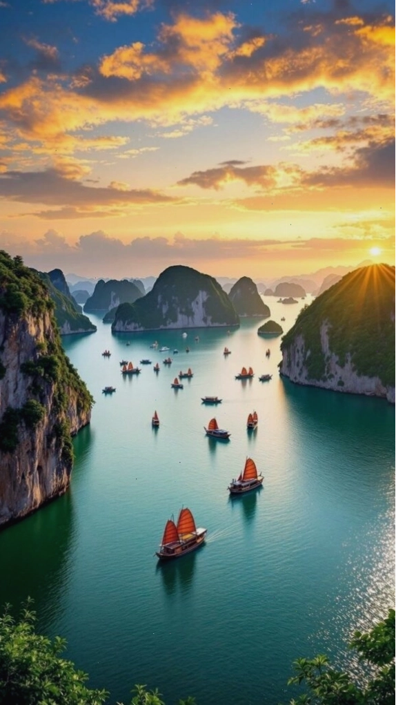 Hoàng hôn rực sáng trên vịnh biển và núi đá