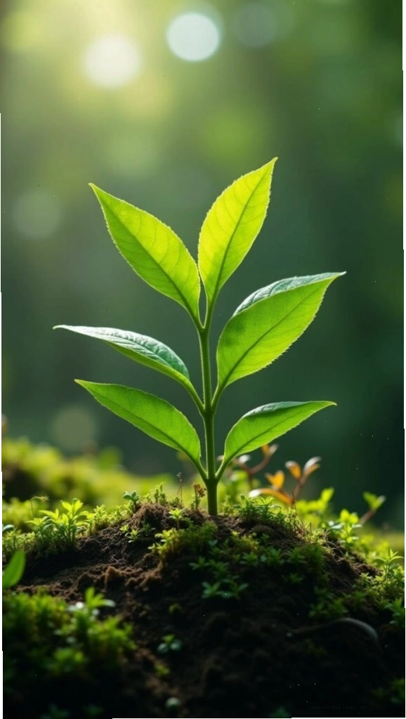 Mầm cây trà phát triển tươi tốt, biểu tượng của sự khởi đầu mới và may mắn
