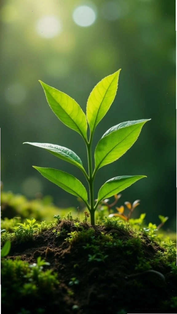 Mầm cây trà phát triển tươi tốt, mang ý nghĩa tài lộc và sự khởi đầu mới
