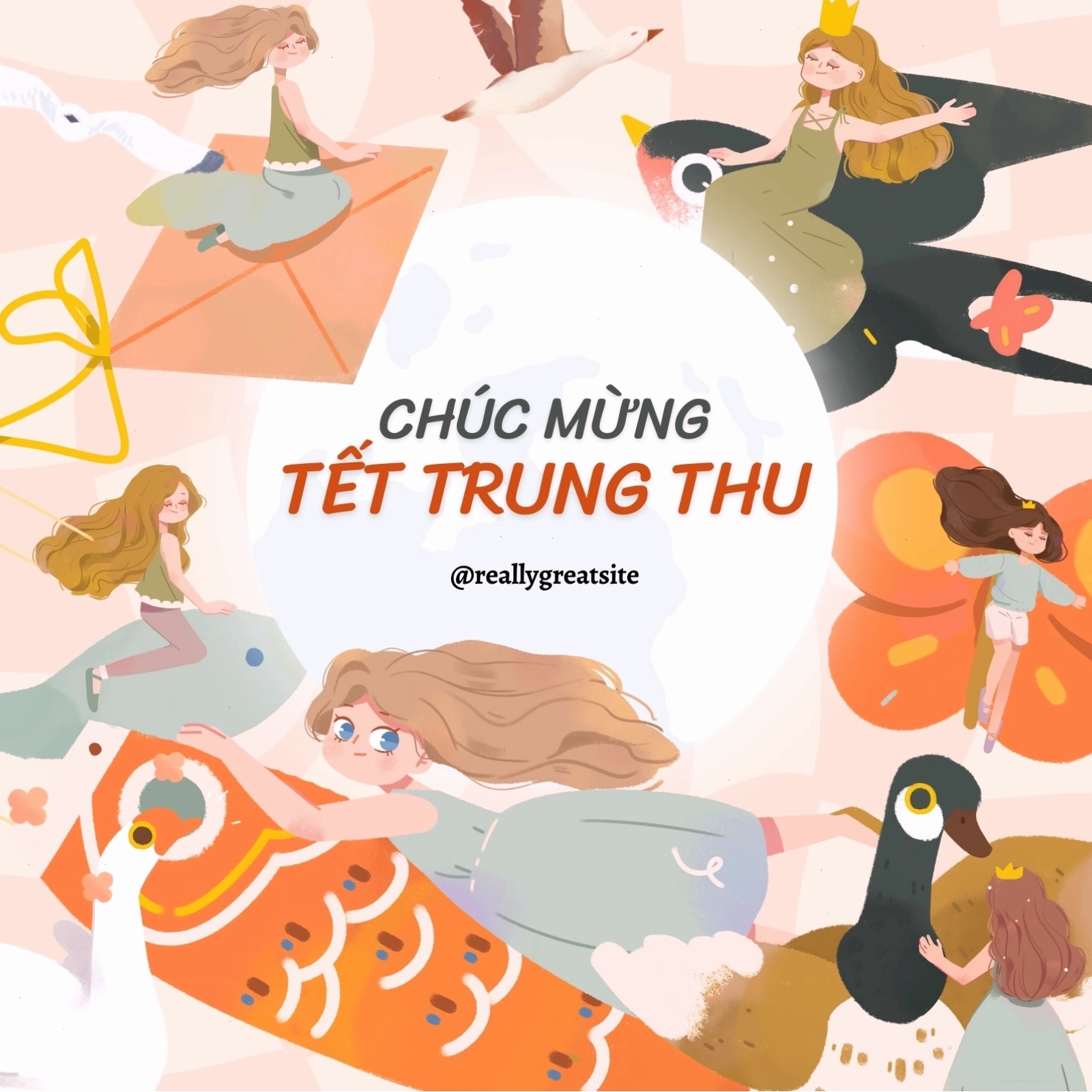 Màu Hồng Hình Vẽ Công Chúa Bay Chúc Tết Trung Thu Bài Facebook