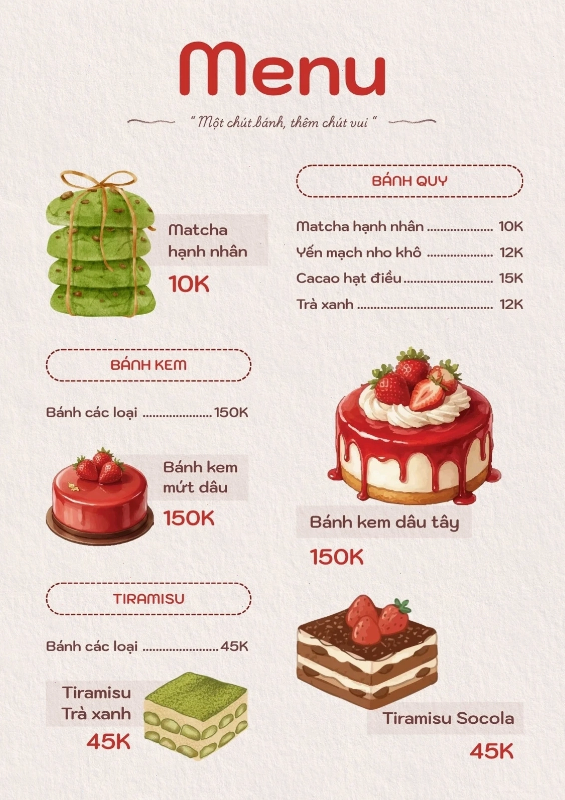 Menu đỏ trắng minh họa bánh ngọt