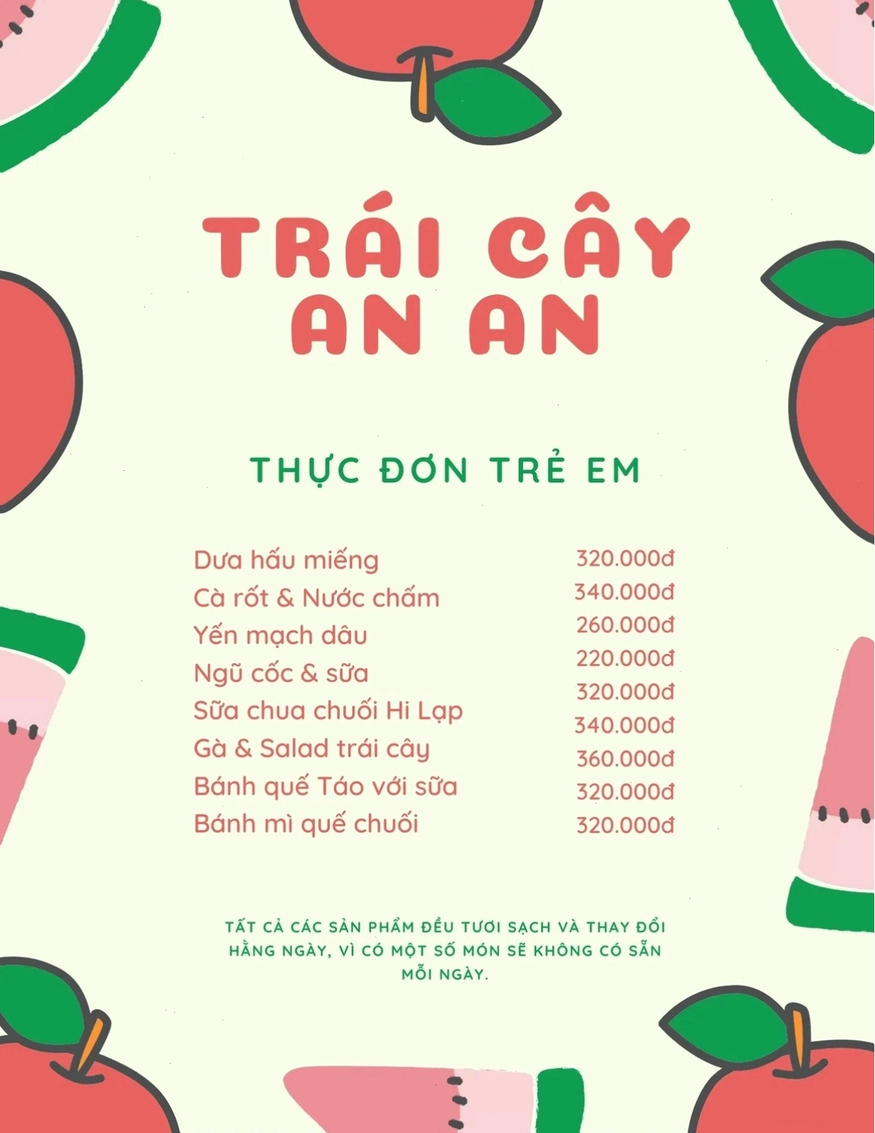 Menu đỏ và xanh lá cây cho trẻ em