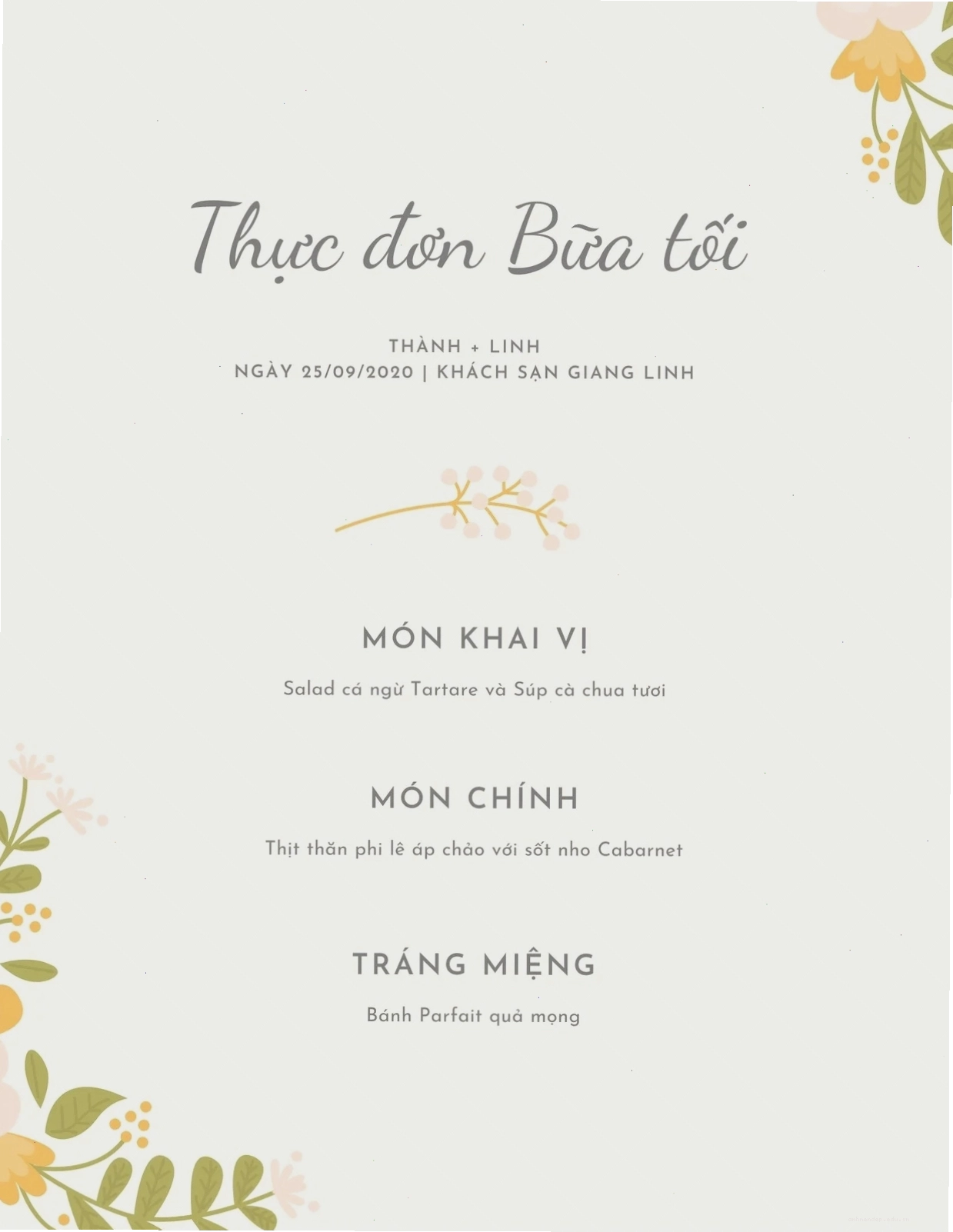 Menu màu be với hoa làm điểm nhấn, phù hợp cho tiệc cưới