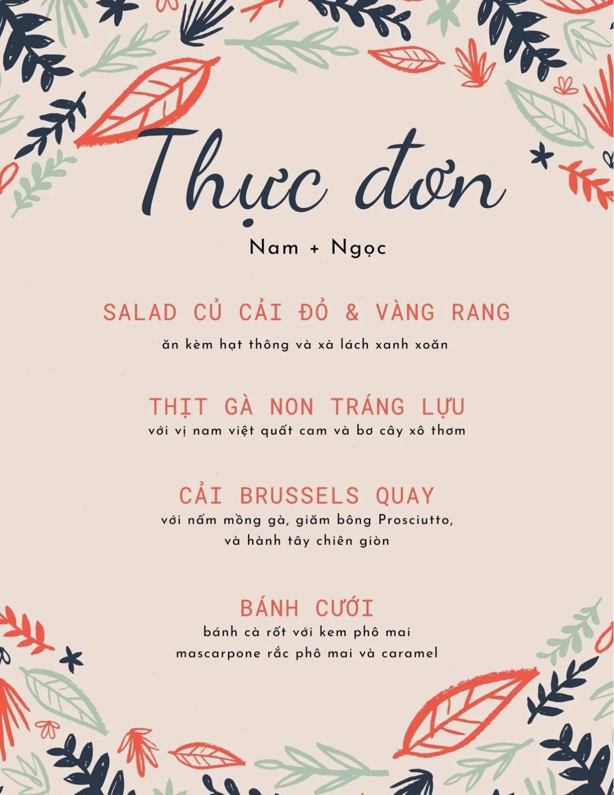 Menu màu kem với nhiều màu sắc lá cây vẽ, phù hợp cho tiệc cưới
