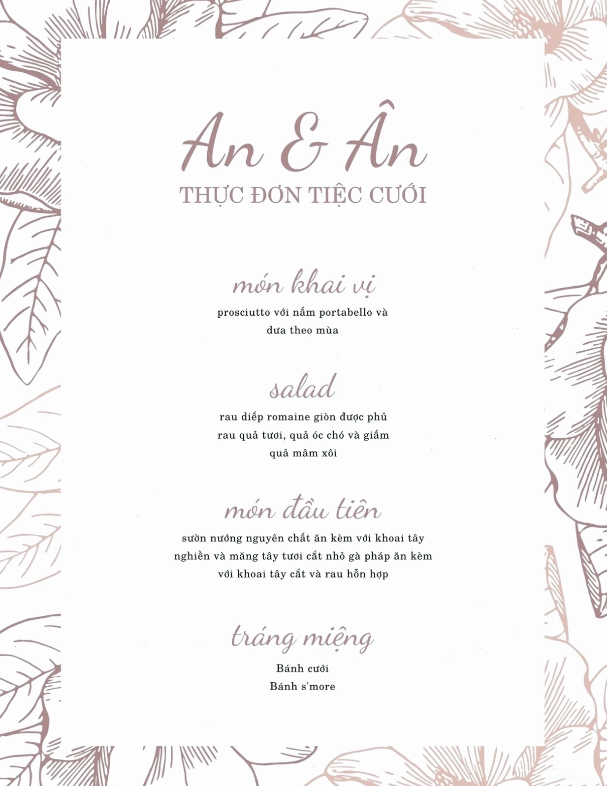 Menu màu nâu mộc mạc với hoa, phù hợp cho tiệc cưới