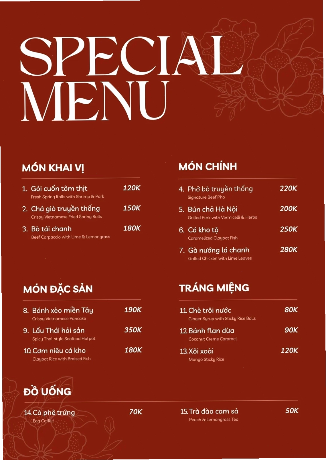 Menu nhà hàng Việt Nam phong cách tối giản, màu nâu trắng