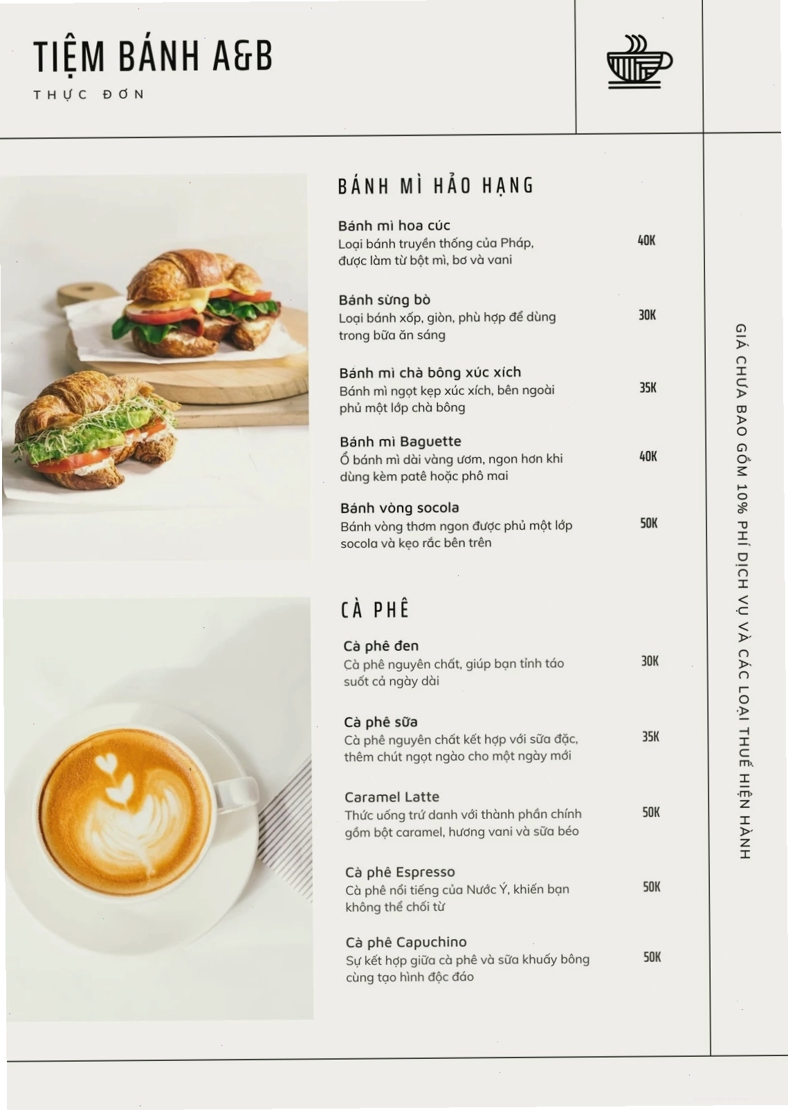 Menu trắng rõ ràng tối giản, phù hợp cho menu bánh mì