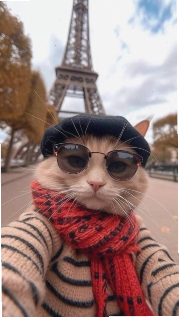 Mèo đeo khăn quàng cổ đứng trước tháp Eiffel