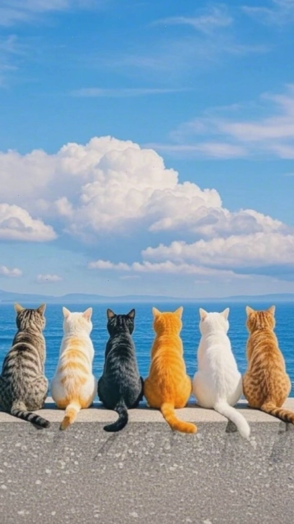 Một nhóm mèo ngồi bên bờ biển ngắm nhìn mặt trời lặn
