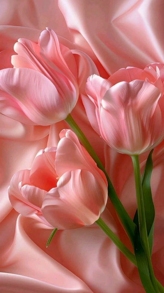 Những đóa tulip hồng mềm mại bên cạnh những mảng màu lụa tinh tế