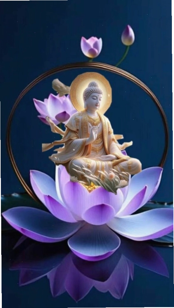 Phật Bà Quan Âm an lành đứng trên đài sen, tỏa ánh từ bi
