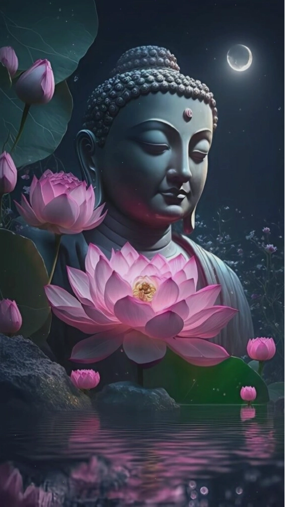 Phật Di Lặc mỉm cười hiền hậu, bên cạnh là những đóa sen đang khoe sắc