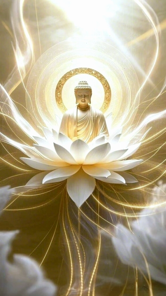 Phật quang phổ chiếu xuống những đóa sen đang nở rộ, tạo không gian linh thiêng