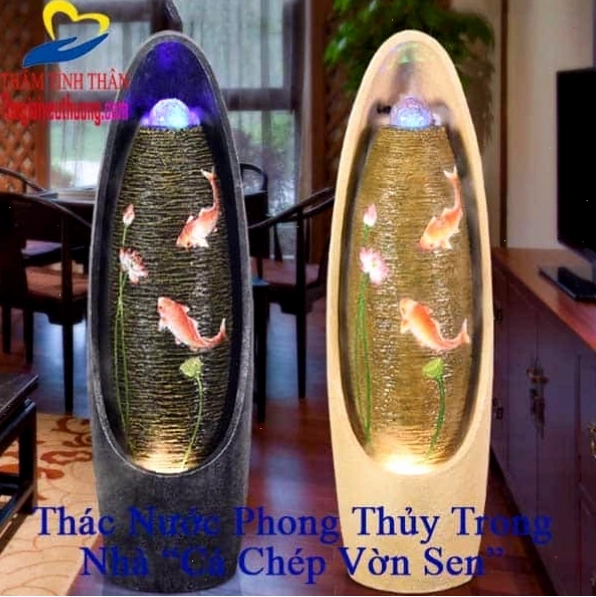 Thác nước phong thủy để bàn với hình tượng cá chép và hoa sen