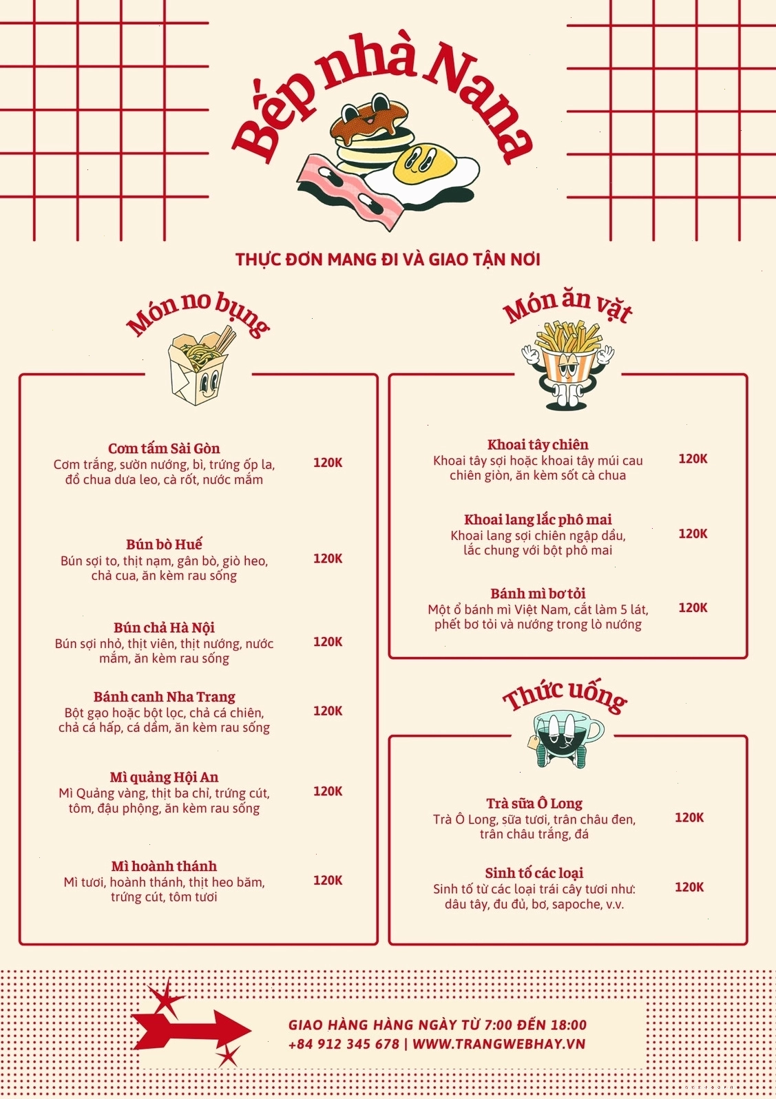 Thực đơn nhà hàng Việt Nam tông màu kem và đỏ, phong cách Vintage