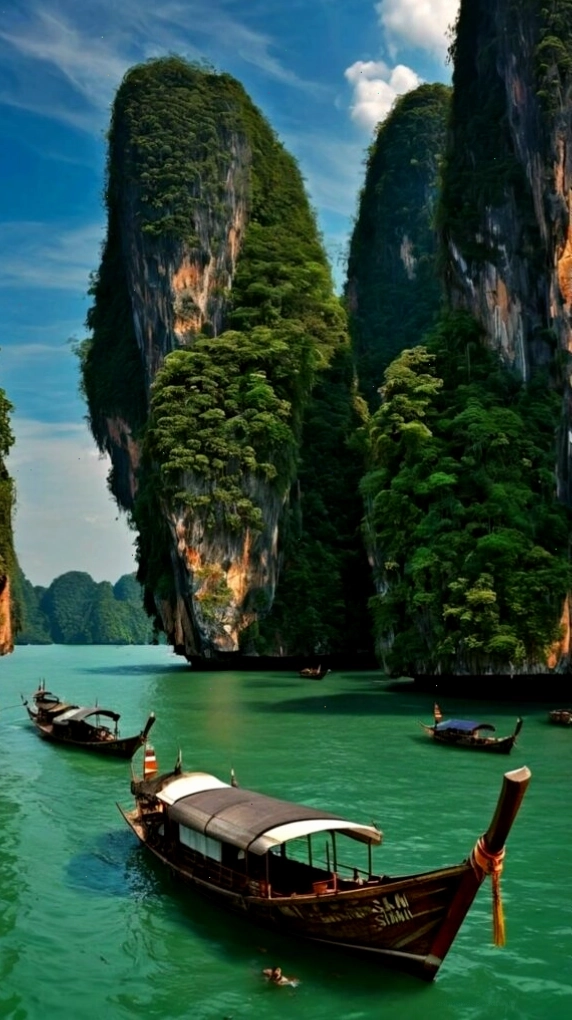 Thuyền gỗ neo bên núi đá vôi giữa làn nước yên ả