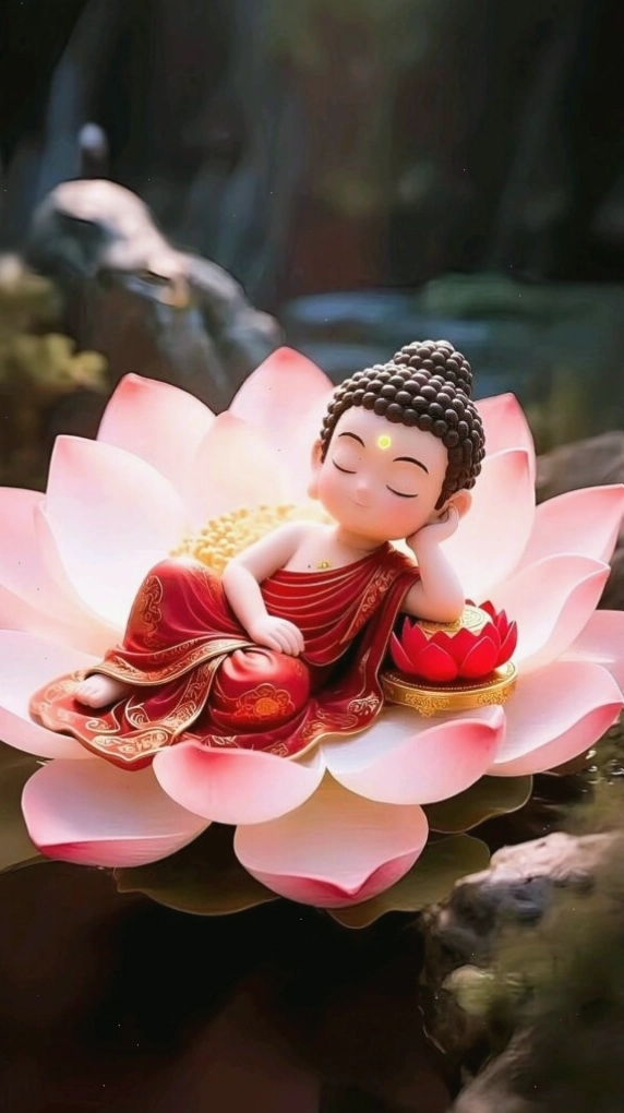Tiểu hòa thượng ngủ ngon lành trên đóa sen hồng, biểu tượng của giấc mơ an lành