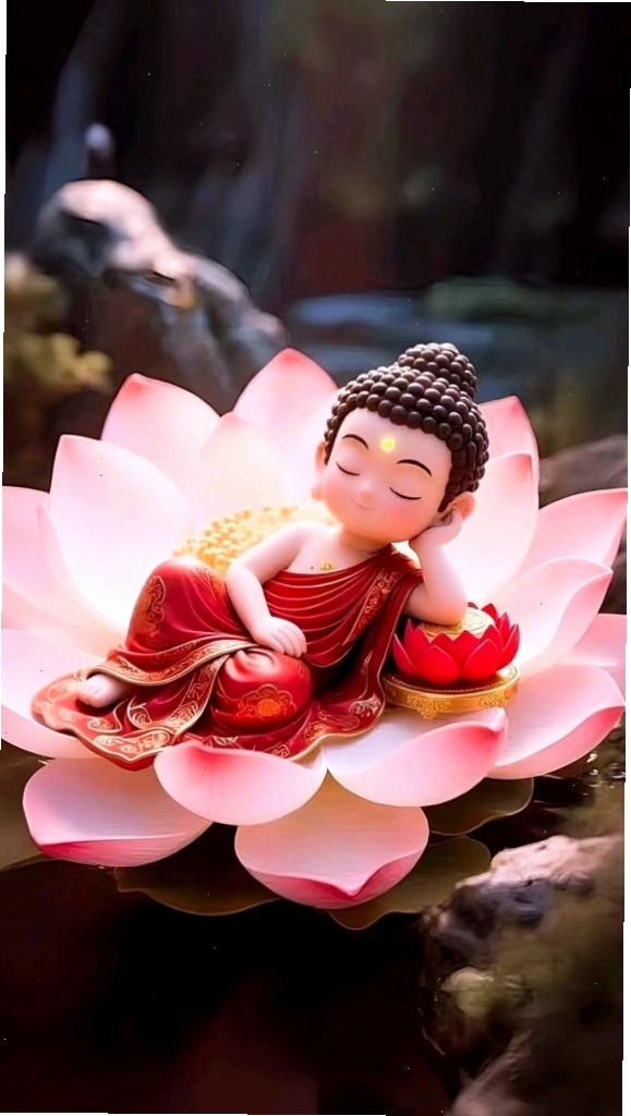 Tiểu hòa thượng ngủ say trên đài sen hồng