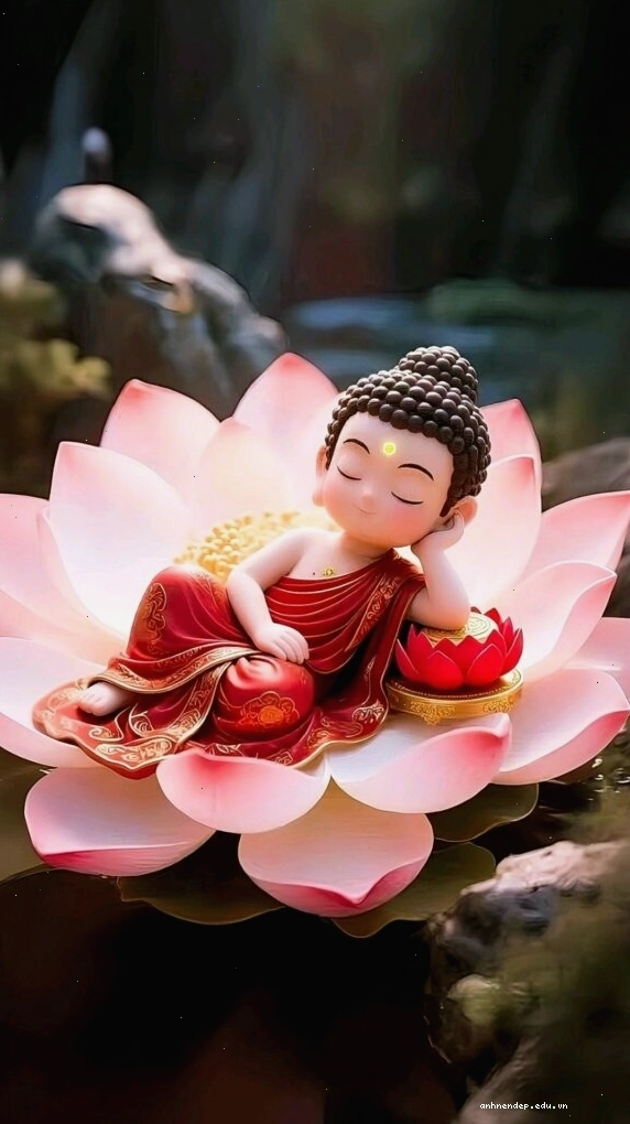 Tiểu hòa thượng ngủ say trên đóa sen
