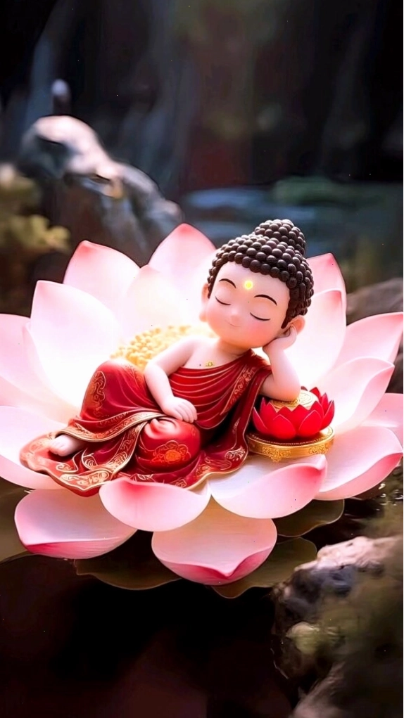 Tiểu hòa thượng ngủ yên bình trên đóa sen
