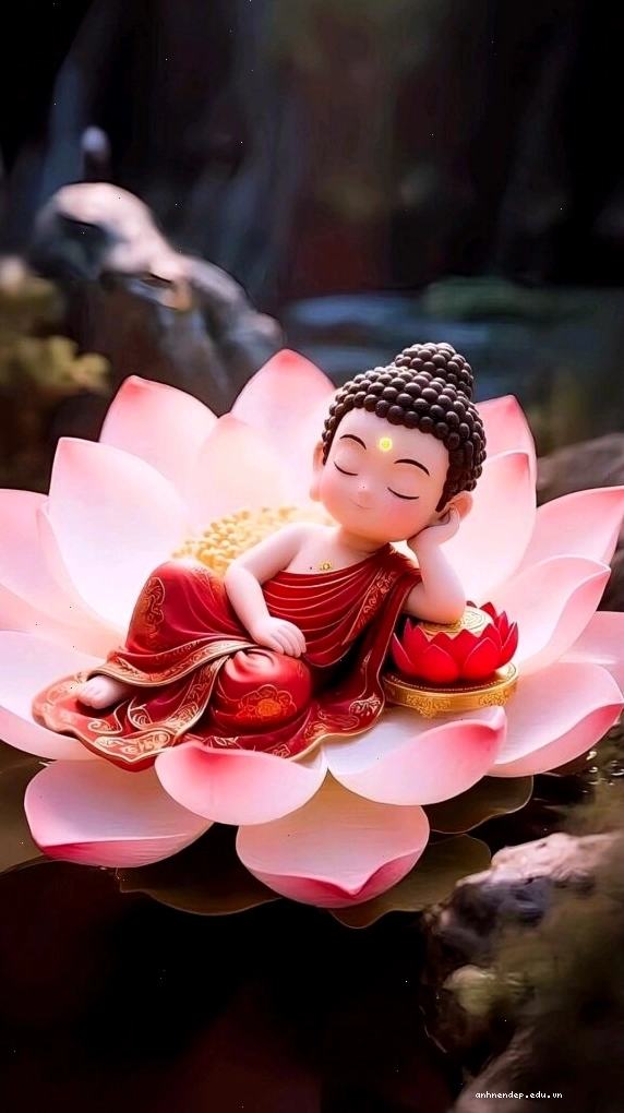 Tiểu hòa thượng ngủ yên bình trên đóa sen, gợi lên hình ảnh trong sáng và thuần khiết