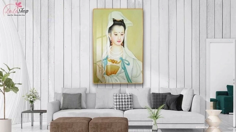 Tranh Quan Âm từ bi dịu hiền bên dòng suối