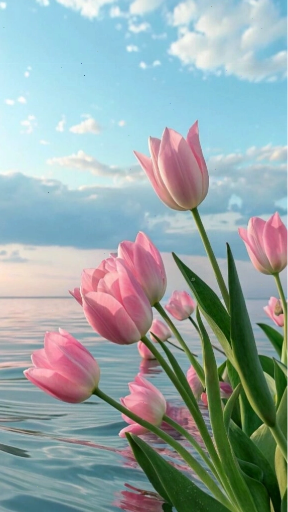 Tulip dịu dàng bên trời nước cho hình nền hoa nhí thêm phần bay bổng